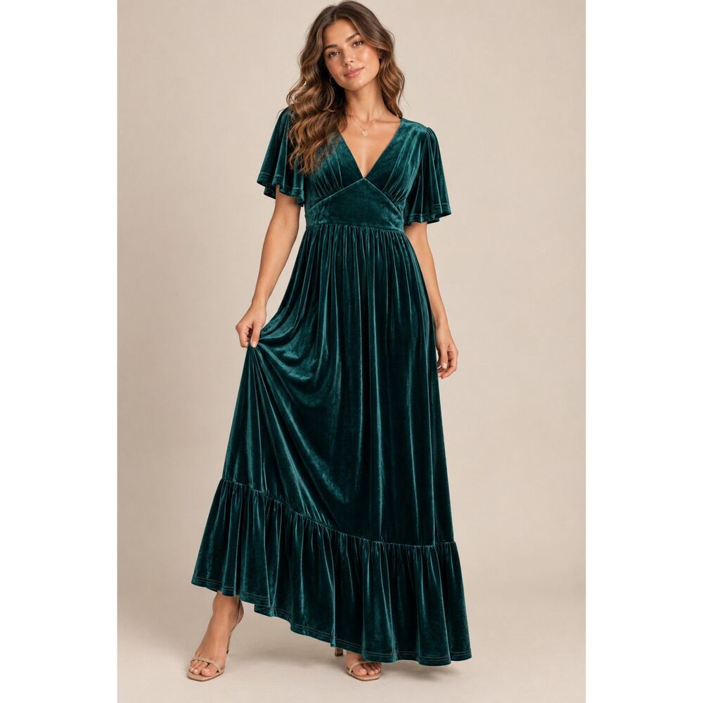 Emerald Green Velvet Maxi Dress Romantic Boho Flutter Sleeve Holiday L